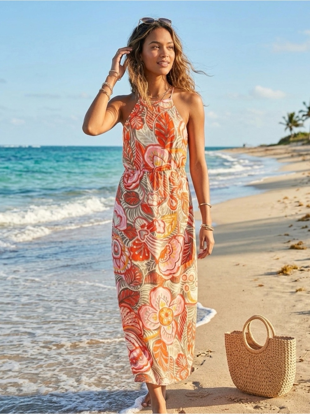 LOFT Orange Floral Halter Maxi Dress 8P Lined, measurements available